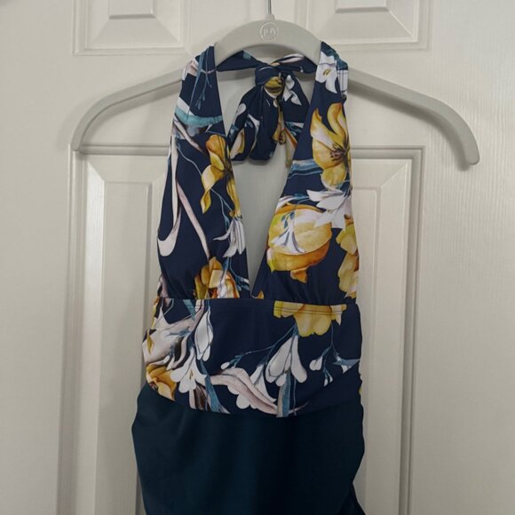 Cupshe Dark Teal Blue Yellow White Floral One Piece Swimsuit Size M Medium New - Picture 4 of 16
